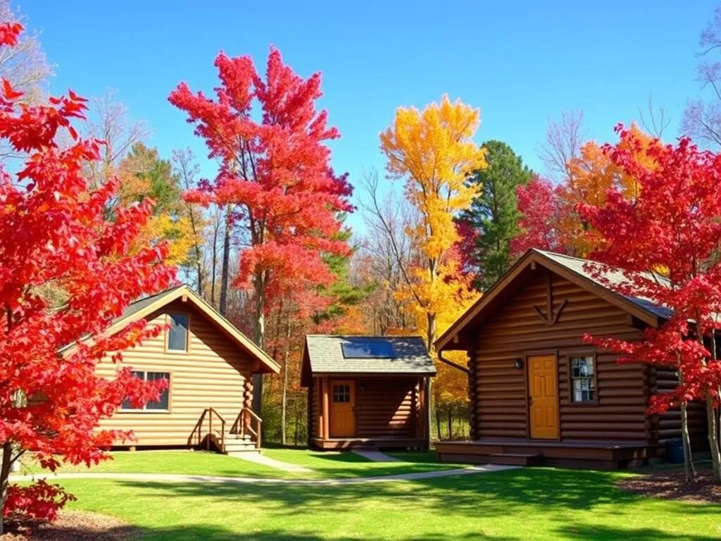 Explore Park cabins in Roanoke surrounded by trees with fall foliage Explore Park cabins in Roanoke surrounded by trees with fall foliage
