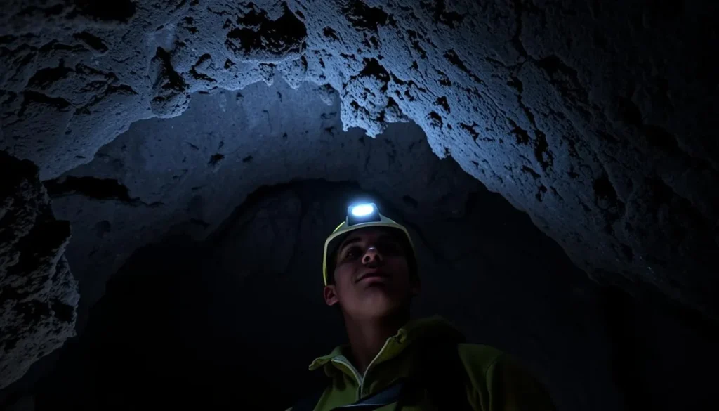 Explorer with headlamp inside a lava tube cave at Lava Beds National Monument, Siskiyou County California Explorer with headlamp inside a lava tube cave at Lava Beds National Monument, Siskiyou County California