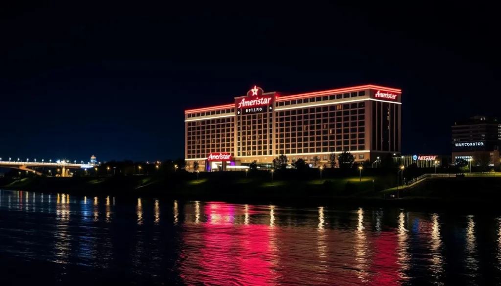 Exterior of Ameristar Casino Hotel at night with lights reflecting on the Missouri River Exterior of Ameristar Casino Hotel at night with lights reflecting on the Missouri River