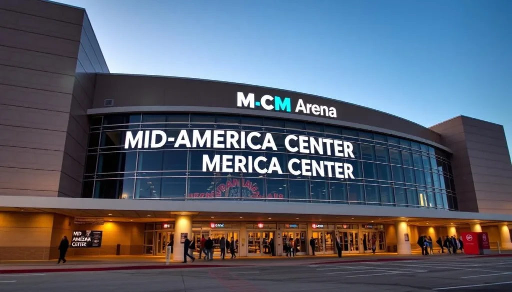 Exterior of Mid-America Center arena in Council Bluffs during an event Exterior of Mid-America Center arena in Council Bluffs during an event