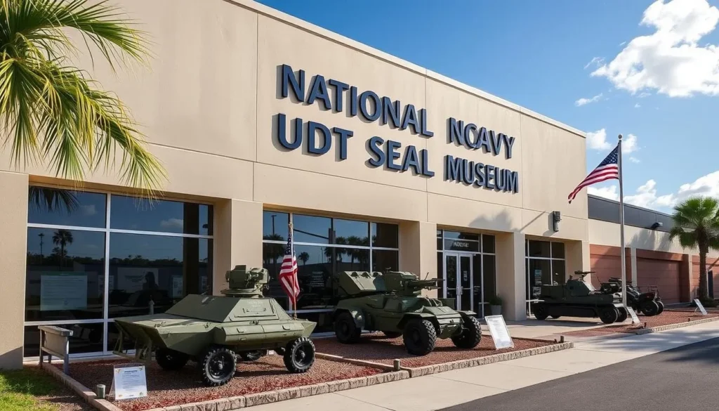 Exterior of the National Navy UDT-SEAL Museum in Fort Pierce with military equipment on display Exterior of the National Navy UDT-SEAL Museum in Fort Pierce with military equipment on display