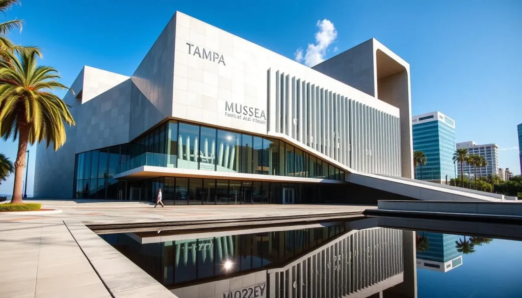 Exterior of the Tampa Museum of Art with its distinctive architecture reflecting in water Exterior of the Tampa Museum of Art with its distinctive architecture reflecting in water