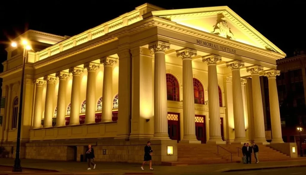 Exterior of the War Memorial Opera House in San Francisco illuminated at night Exterior of the War Memorial Opera House in San Francisco illuminated at night