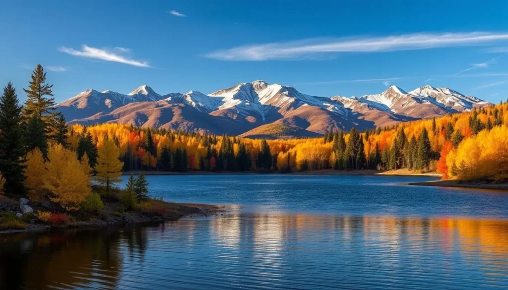 Fall colors along a lake in Plumas County California with mountains in background