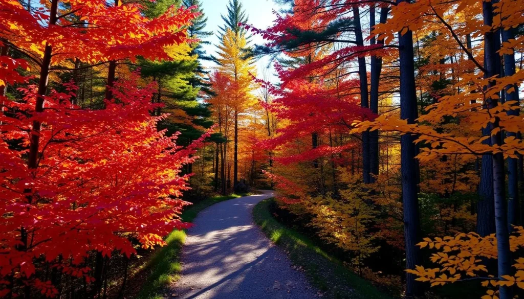Fall colors at Isle Royale National Park with vibrant red and orange foliage along a hiking trail Fall colors at Isle Royale National Park with vibrant red and orange foliage along a hiking trail