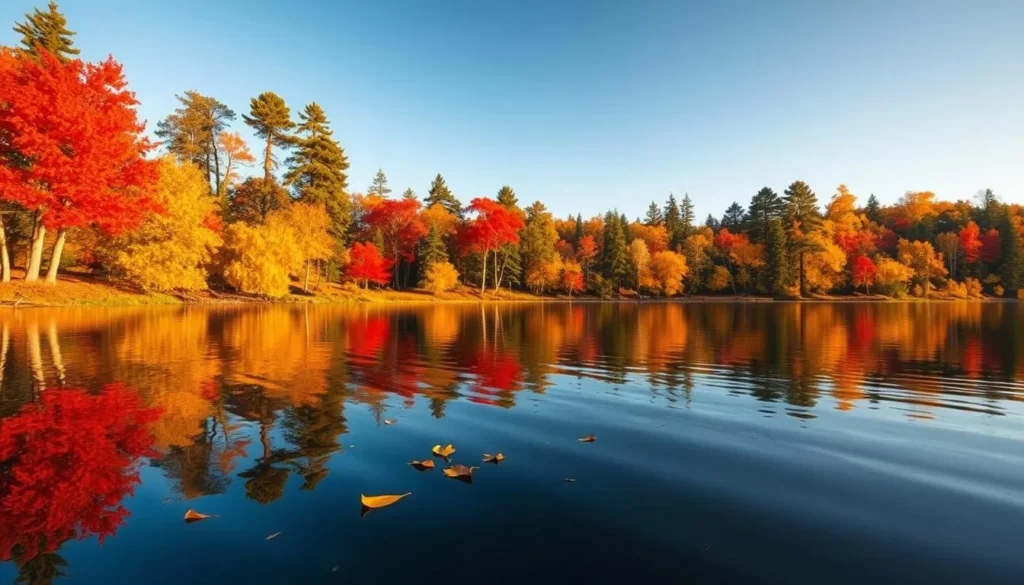 Fall colors at Lake Itasca, Minnesota with vibrant red and orange foliage reflecting in the calm water Fall colors at Lake Itasca, Minnesota with vibrant red and orange foliage reflecting in the calm water