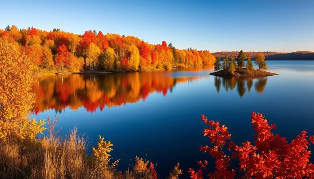 Fall colors at Voyageurs National Park, Minnesota with vibrant red and orange foliage reflecting in a calm lake Fall colors at Voyageurs National Park, Minnesota with vibrant red and orange foliage reflecting in a calm lake