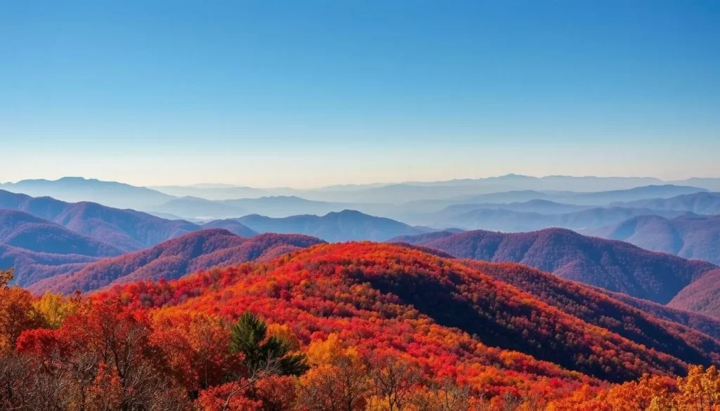 Fall colors in Great Smoky Mountains National Park with vibrant red and orange foliage Fall colors in Great Smoky Mountains National Park with vibrant red and orange foliage