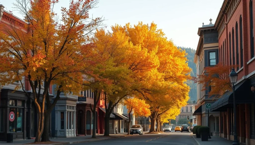 Fall colors in downtown Nevada City with historic buildings and maple trees showing vibrant autumn foliage Fall colors in downtown Nevada City with historic buildings and maple trees showing vibrant autumn foliage