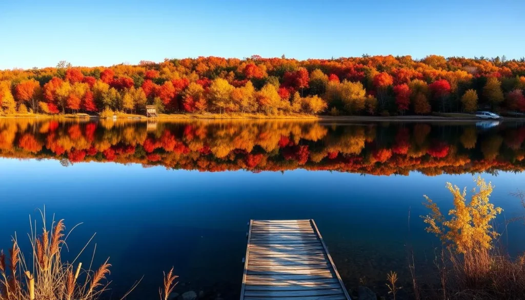 Fall colors reflecting on Crane Lake during autumn