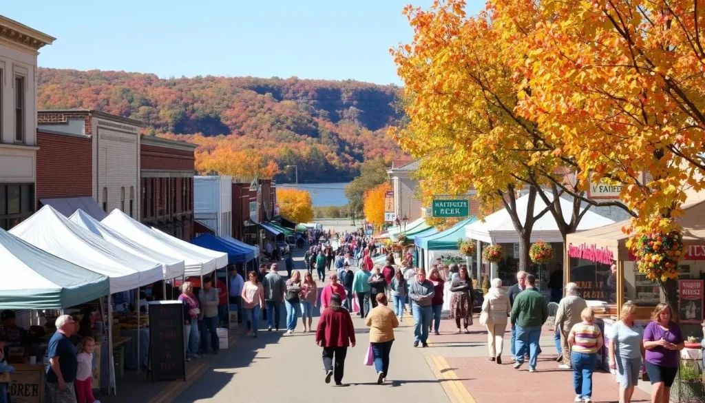Fall festival celebration in downtown Marquette Iowa with Mississippi River backdrop Fall festival celebration in downtown Marquette Iowa with Mississippi River backdrop