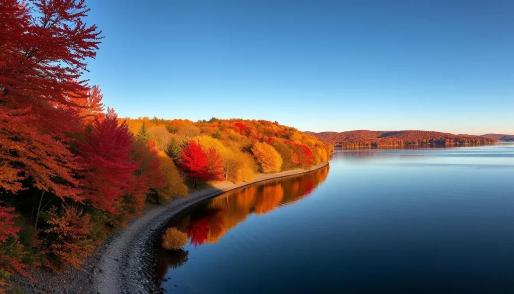 Fall foliage along Keuka Lake in Yates County, New York with vibrant red and orange trees reflecting in the water Fall foliage along Keuka Lake in Yates County, New York with vibrant red and orange trees reflecting in the water