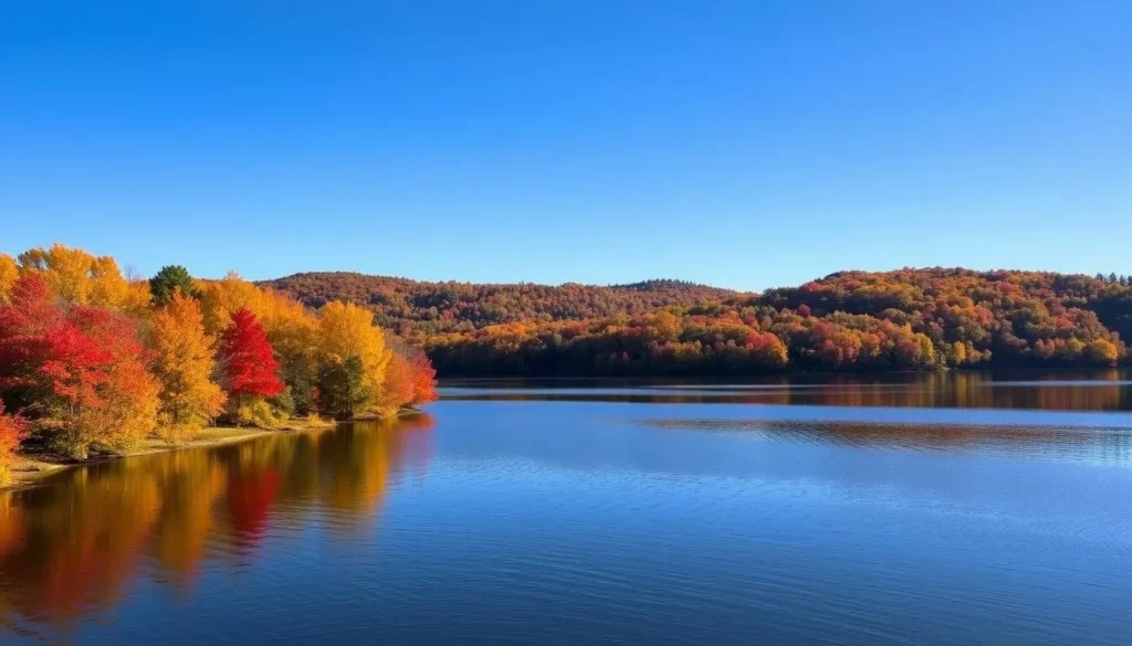 Fall foliage along Owasco Lake in Cayuga County with vibrant red and orange trees Fall foliage along Owasco Lake in Cayuga County with vibrant red and orange trees