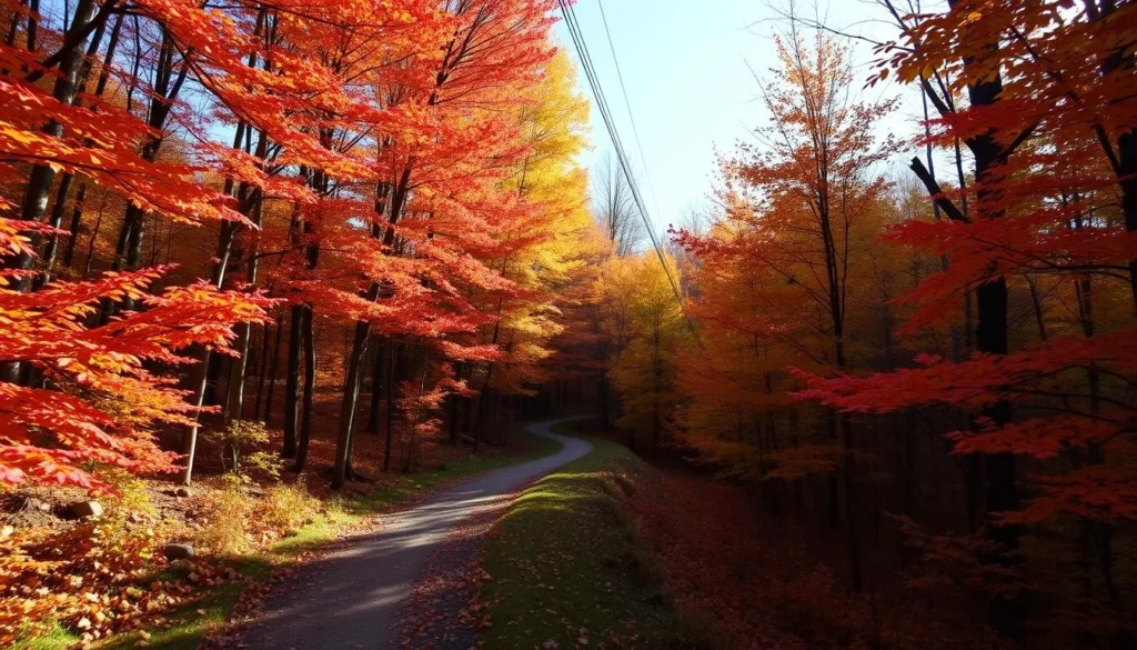 Fall foliage along a hiking trail in Putnam County with vibrant red and orange leaves Fall foliage along a hiking trail in Putnam County with vibrant red and orange leaves