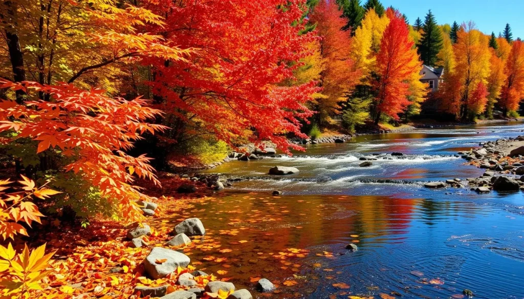 Fall foliage along the Androscoggin River in Auburn, Maine with vibrant autumn colors Fall foliage along the Androscoggin River in Auburn, Maine with vibrant autumn colors