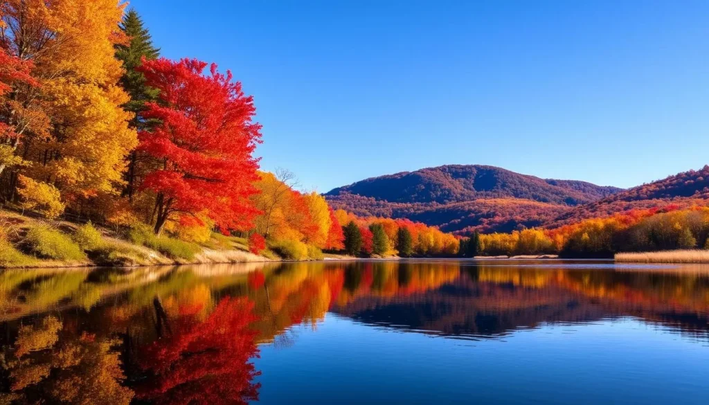 Fall foliage along the Chemung River with colorful trees in Chemung County, New York things to do Fall foliage along the Chemung River with colorful trees in Chemung County, New York things to do