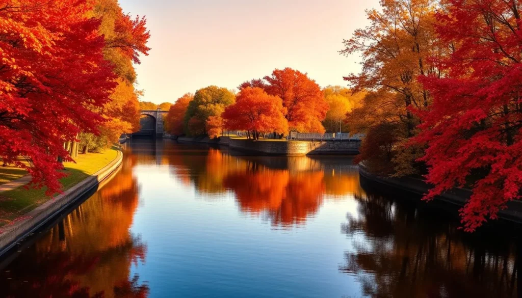 Fall foliage along the Erie Canal in Montgomery County, New York with vibrant autumn colors reflecting in the water Fall foliage along the Erie Canal in Montgomery County, New York with vibrant autumn colors reflecting in the water