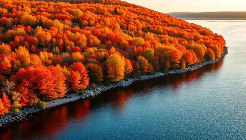 Fall foliage along the St. Lawrence River with vibrant autumn colors Fall foliage along the St. Lawrence River with vibrant autumn colors
