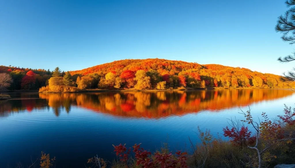 Fall foliage at Beavers Bend State Park with vibrant autumn colors reflecting in Broken Bow Lake Fall foliage at Beavers Bend State Park with vibrant autumn colors reflecting in Broken Bow Lake