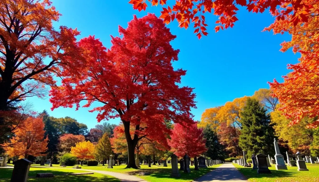 Fall foliage at Mount Auburn Cemetery in Cambridge, Massachusetts with colorful autumn trees Fall foliage at Mount Auburn Cemetery in Cambridge, Massachusetts with colorful autumn trees