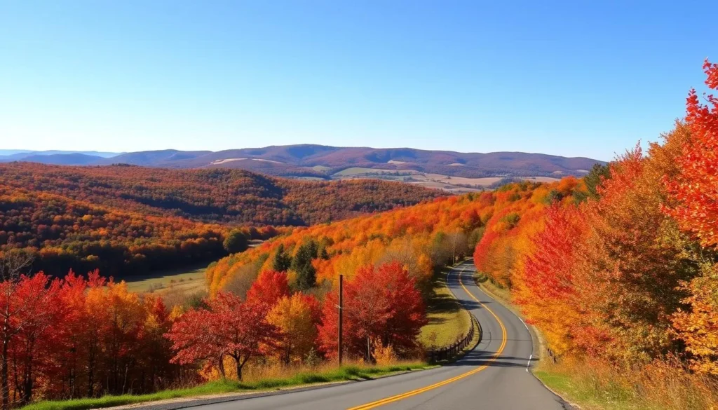 Fall foliage in Columbia County with vibrant red and orange trees lining a country road Fall foliage in Columbia County with vibrant red and orange trees lining a country road