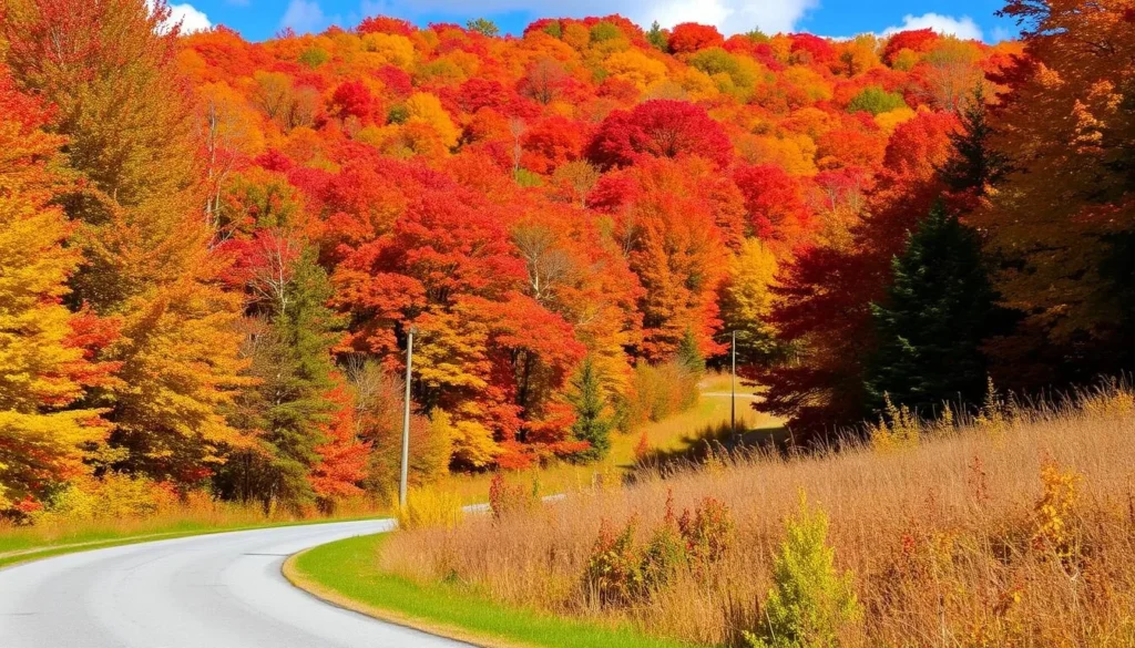 Fall foliage in Cortland County, New York with vibrant red and orange trees Fall foliage in Cortland County, New York with vibrant red and orange trees