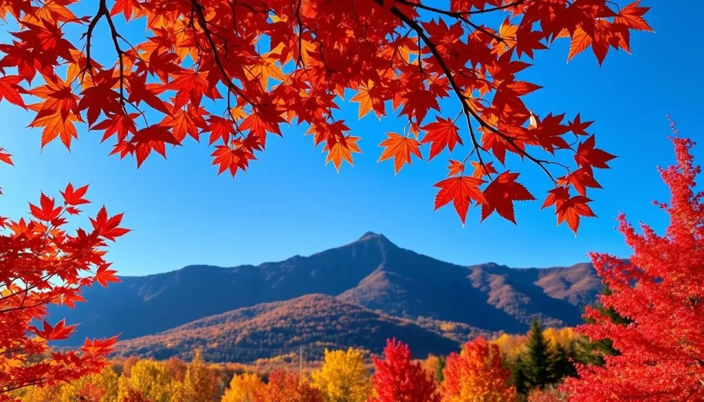 Fall foliage in Essex County, New York with vibrant red and orange leaves Fall foliage in Essex County, New York with vibrant red and orange leaves