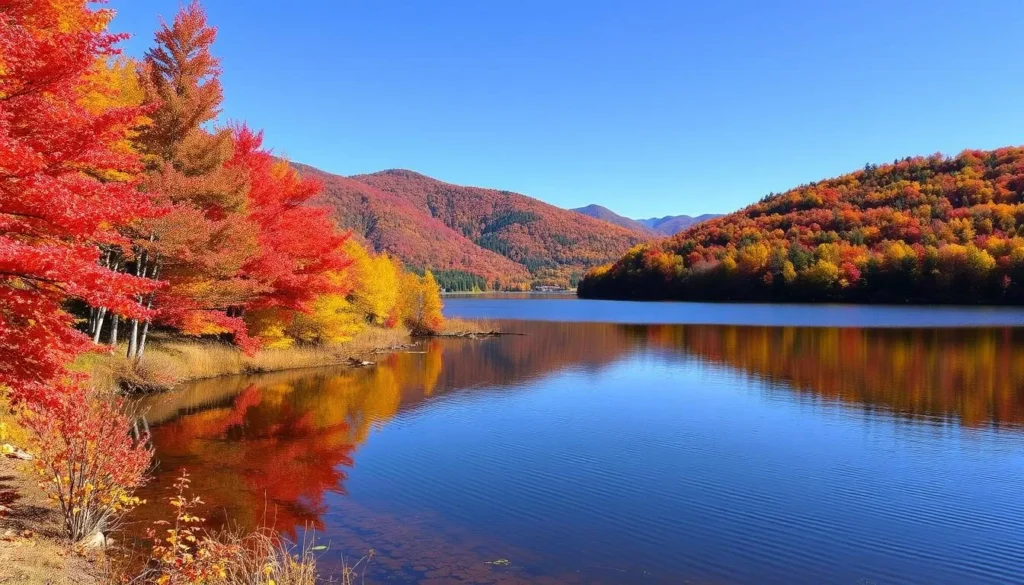 Fall foliage in Franklin County, New York with vibrant autumn colors reflecting in a lake Fall foliage in Franklin County, New York with vibrant autumn colors reflecting in a lake
