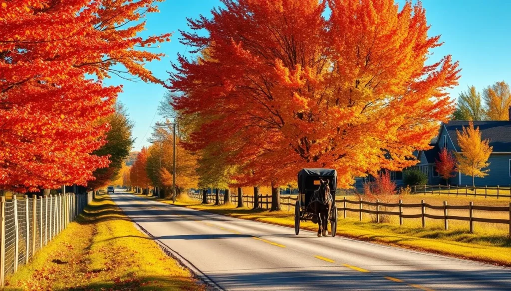 Fall foliage in Lancaster, Pennsylvania with colorful autumn trees and an Amish buggy on a country road Fall foliage in Lancaster, Pennsylvania with colorful autumn trees and an Amish buggy on a country road
