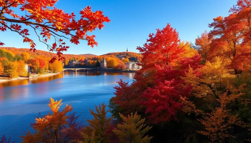 Fall foliage in Schenectady County with colorful trees along the Mohawk River Fall foliage in Schenectady County with colorful trees along the Mohawk River