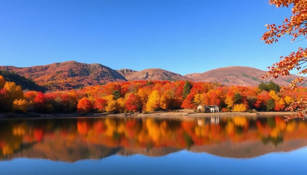 Fall foliage in Ulster County with vibrant autumn colors along the Ashokan Reservoir Fall foliage in Ulster County with vibrant autumn colors along the Ashokan Reservoir