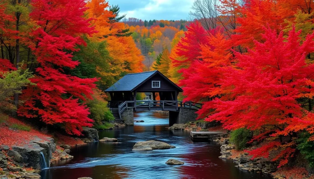 Fall foliage in Washington County New York with colorful trees and a covered bridge Fall foliage in Washington County New York with colorful trees and a covered bridge