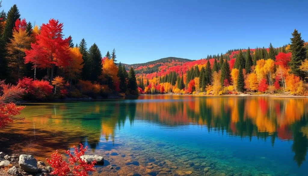 Fall foliage surrounding Gunflint Lake, Minnesota with vibrant autumn colors Fall foliage surrounding Gunflint Lake, Minnesota with vibrant autumn colors