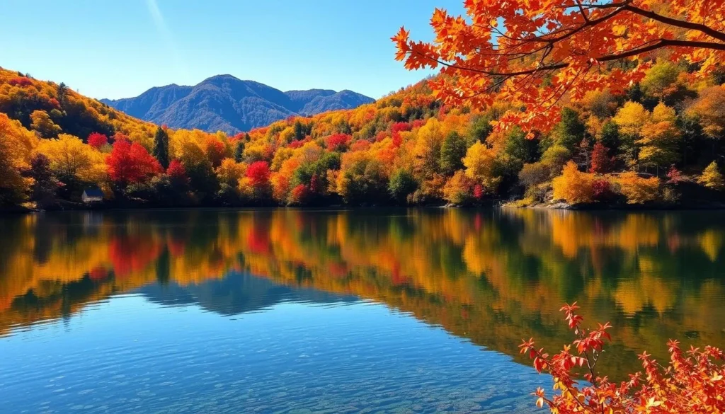 Fall foliage surrounding Lake George in Warren County, NY with vibrant red and orange trees reflecting in the water Fall foliage surrounding Lake George in Warren County, NY with vibrant red and orange trees reflecting in the water