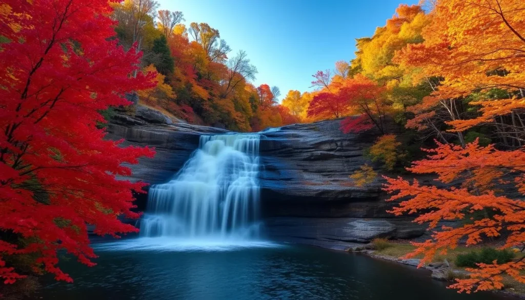 Fall foliage surrounding Taughannock Falls in Tompkins County with vibrant autumn colors Fall foliage surrounding Taughannock Falls in Tompkins County with vibrant autumn colors