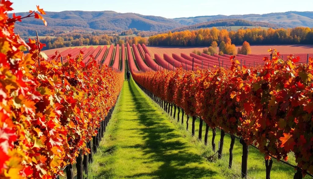 Fall harvest season at a Finger Lakes winery with colorful autumn foliage surrounding vineyards Fall harvest season at a Finger Lakes winery with colorful autumn foliage surrounding vineyards