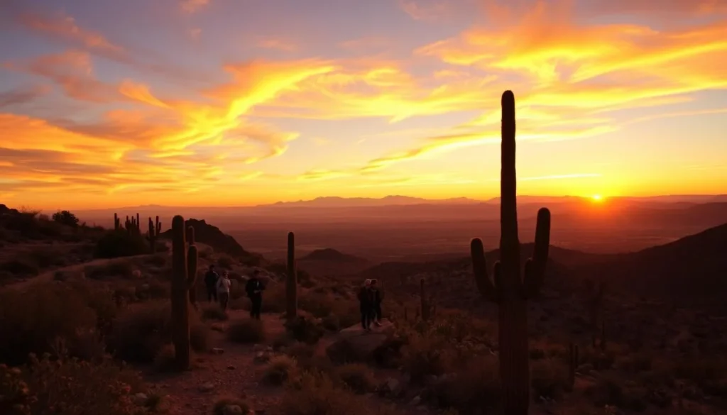 Fall sunset over Usery Mountain Regional Park in Mesa with hikers on trail Fall sunset over Usery Mountain Regional Park in Mesa with hikers on trail