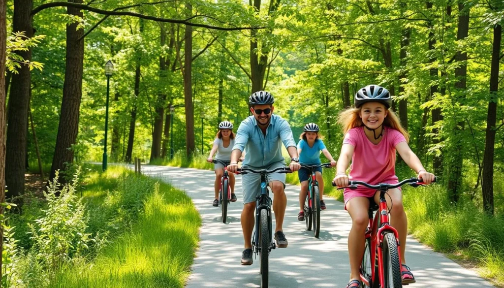 Families biking on the paved Migizi Trail through forest at Bemidji State Park Families biking on the paved Migizi Trail through forest at Bemidji State Park