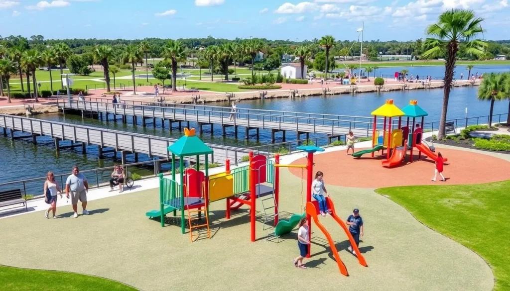 Families enjoying Venetian Gardens Park in Leesburg with playground and lake views Families enjoying Venetian Gardens Park in Leesburg with playground and lake views