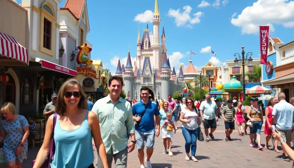 Families enjoying a theme park in Orange County Florida with castle and colorful attractions Families enjoying a theme park in Orange County Florida with castle and colorful attractions