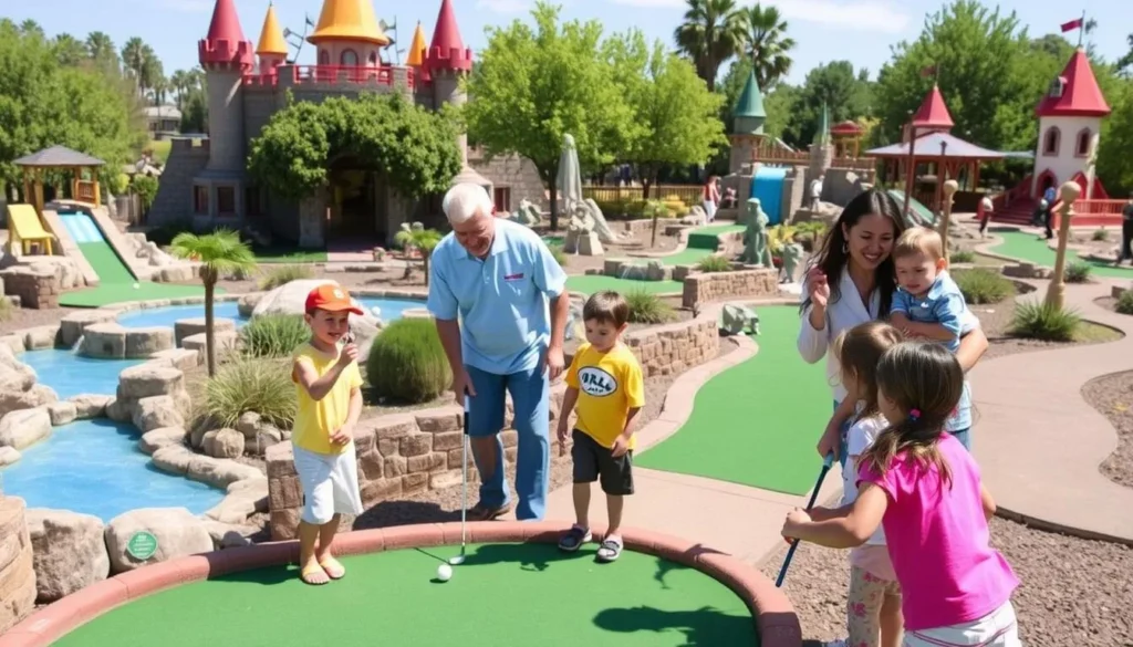 Families enjoying miniature golf at Golfland USA with colorful course features Families enjoying miniature golf at Golfland USA with colorful course features