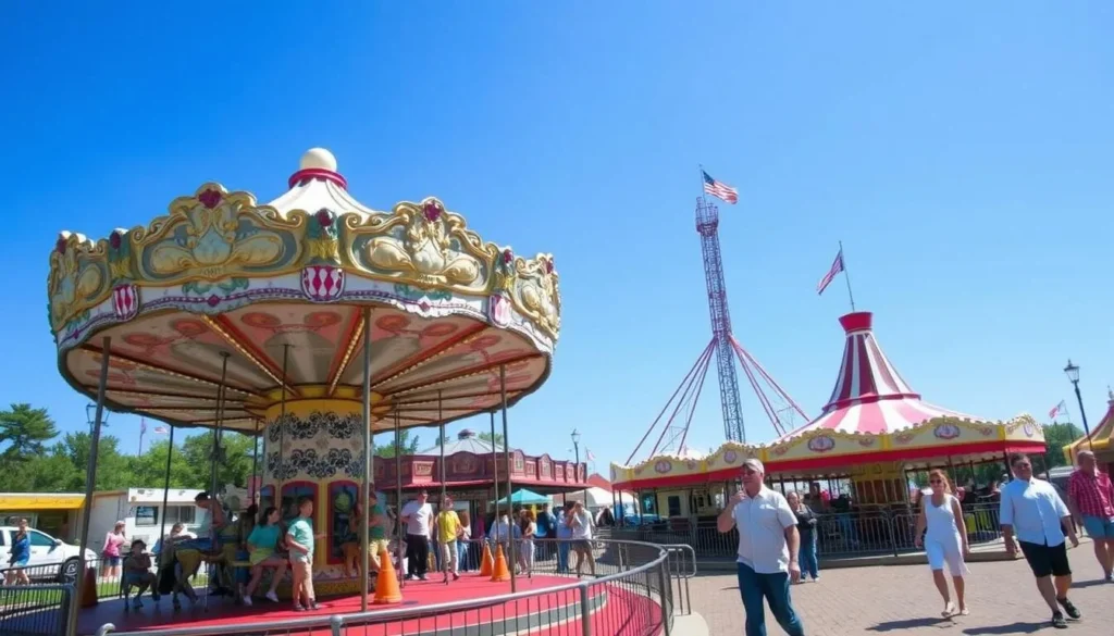 Families enjoying rides and attractions at Midway State Park with the carousel visible Families enjoying rides and attractions at Midway State Park with the carousel visible