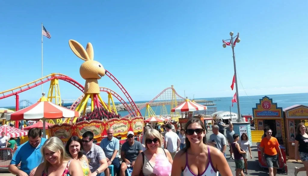Families enjoying rides at Seabreeze Amusement Park with Lake Ontario visible in the background Families enjoying rides at Seabreeze Amusement Park with Lake Ontario visible in the background
