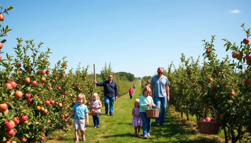 Families picking apples at Ditmars Orchard with rows of apple trees visible Families picking apples at Ditmars Orchard with rows of apple trees visible