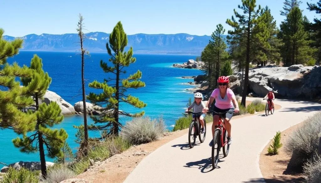 Family biking along the East Shore Trail with views of Lake Tahoe's blue waters and mountains Family biking along the East Shore Trail with views of Lake Tahoe's blue waters and mountains