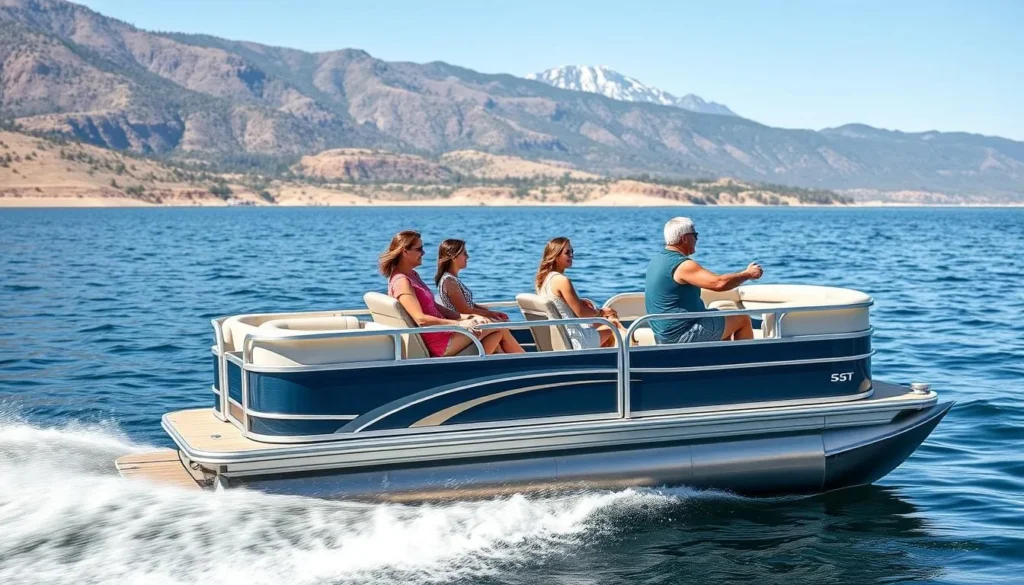 Family boating on Deer Creek Reservoir with mountain backdrop Family boating on Deer Creek Reservoir with mountain backdrop