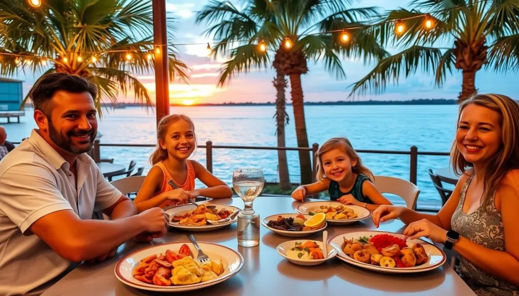 Family dining at a waterfront restaurant in Lake County with sunset views over the lake Family dining at a waterfront restaurant in Lake County with sunset views over the lake