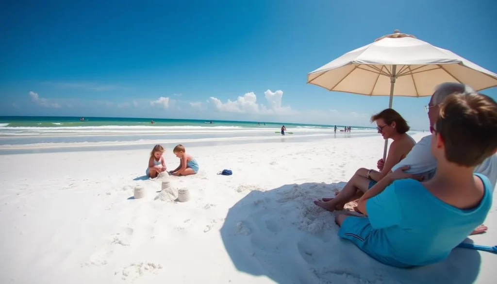 Family enjoying Grand Isle beach with water activities visible in background Family enjoying Grand Isle beach with water activities visible in background