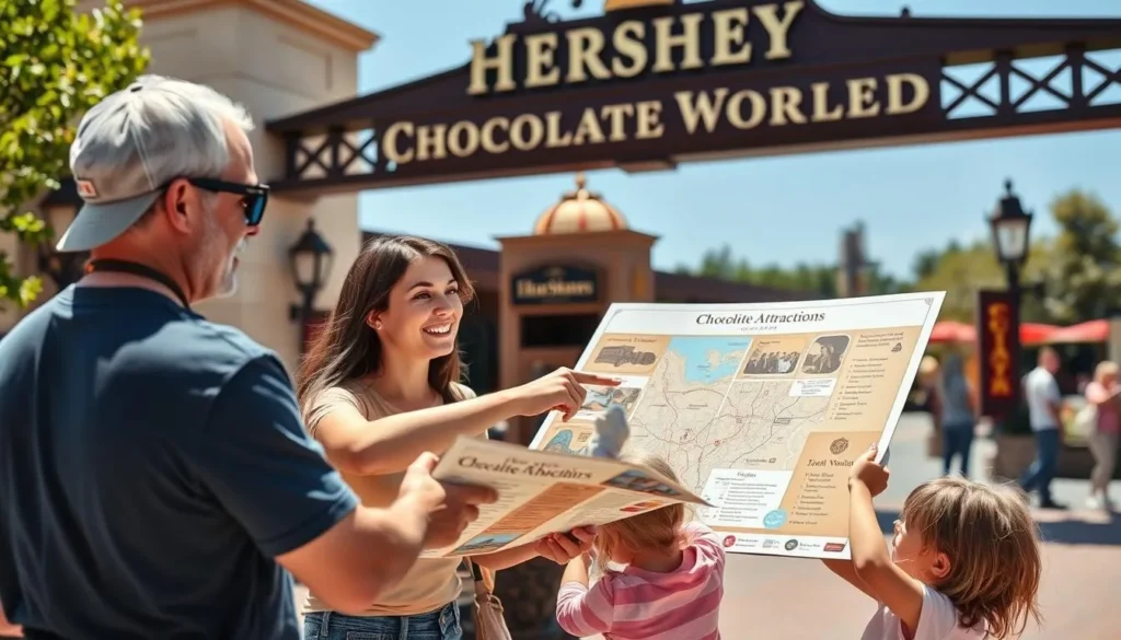Family enjoying Hershey attractions with a map planning their day Family enjoying Hershey attractions with a map planning their day