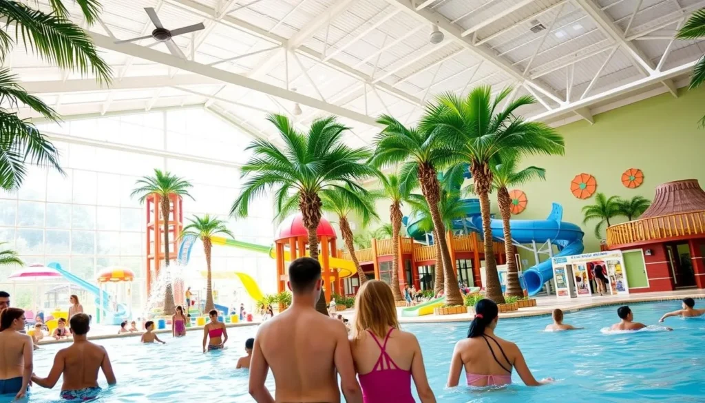 Family enjoying Palm Island Indoor Waterpark in Genesee County with water slides and pool features Family enjoying Palm Island Indoor Waterpark in Genesee County with water slides and pool features